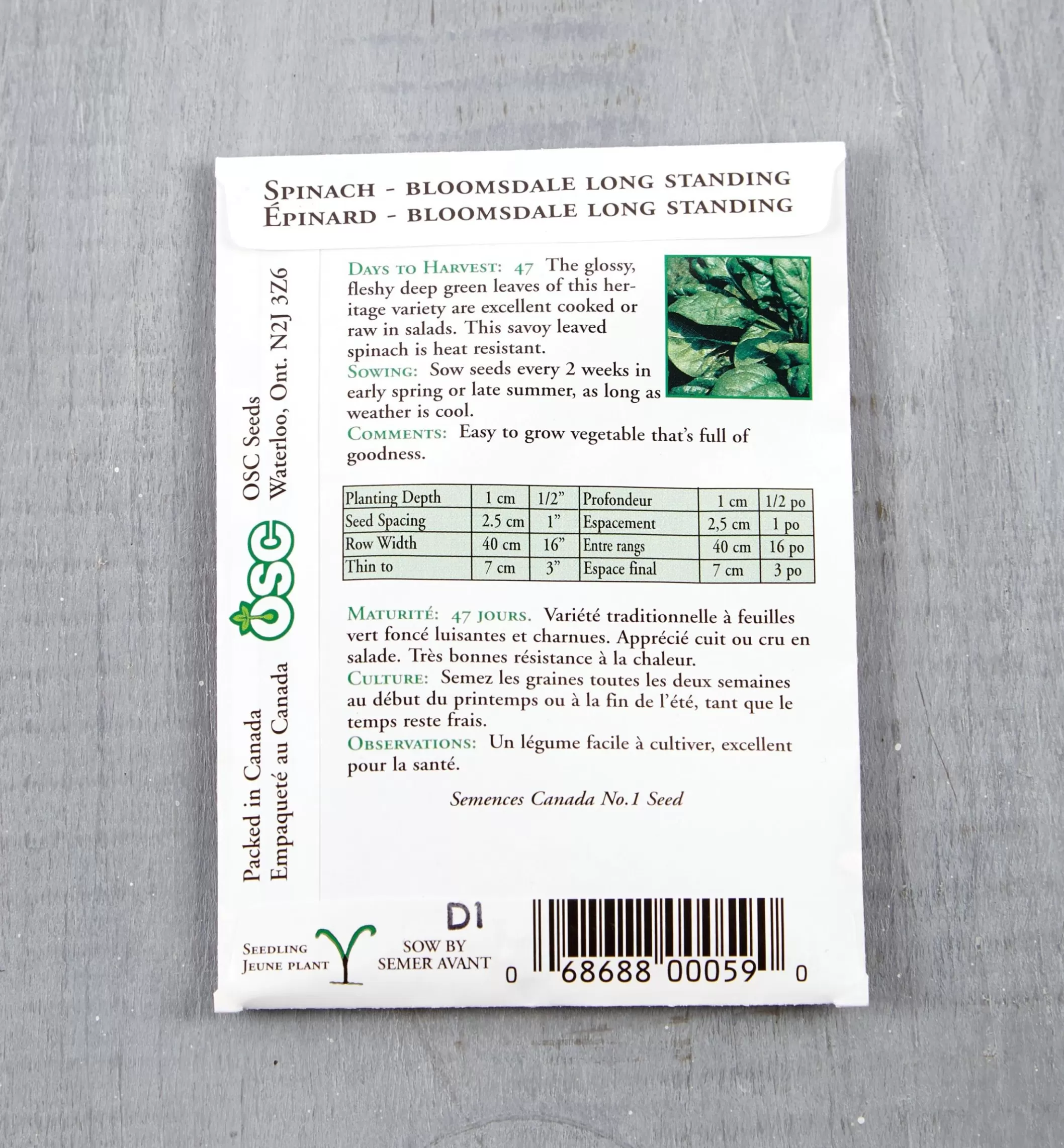 Store Lee Valley OSC Spinach Seed Packet